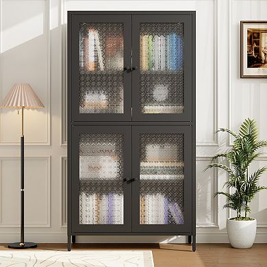 CEWOR Classic Storage Cabinet Display Cabinet, 4 Doors & 4 Adjustable Shelves, Waffle Grids Pattern