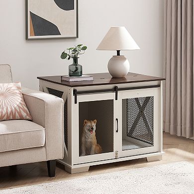 37" Dog Cage Crate Storage Cabinet with Sliding Barn Door
