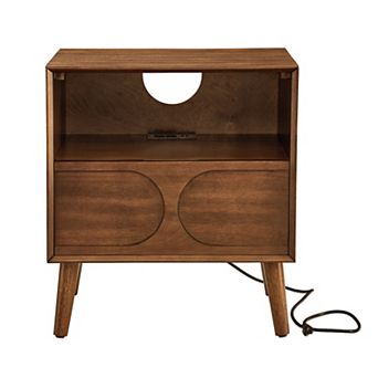 Small Cabinet with USB Charging Ports & Outlet Hole & 4 Solid Wood Legs