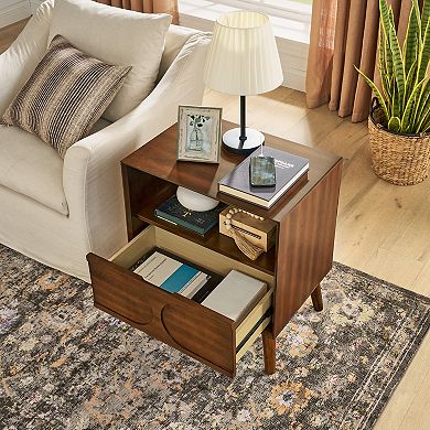 Small Cabinet with USB Charging Ports & Outlet Hole & 4 Solid Wood Legs