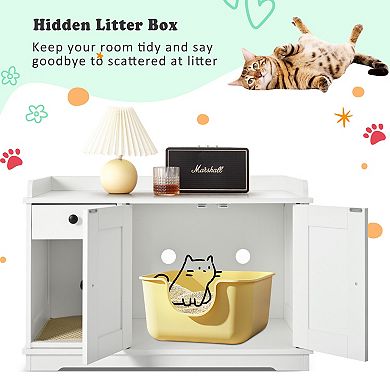 33.5" Hidden Cat Litter Box Furniture Enclosure with Storage Drawer & Mat, Multi-Functional Table