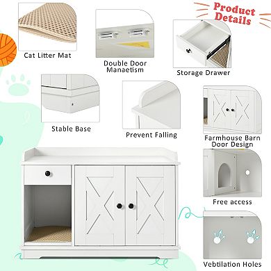 33.5" Hidden Cat Litter Box Furniture Enclosure with Storage Drawer & Mat, Multi-Functional Table