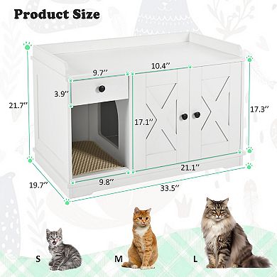 33.5" Hidden Cat Litter Box Furniture Enclosure with Storage Drawer & Mat, Multi-Functional Table