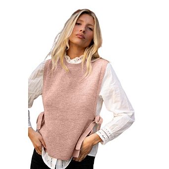 Women's Tie Side Sweater Vest Tops Split Hem Knitted Sleeveless Crew Neck Tank