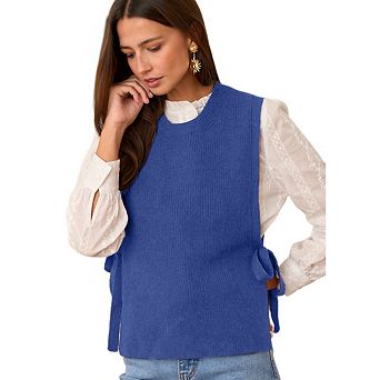 Women's Tie Side Sweater Vest Tops Split Hem Knitted Sleeveless Crew Neck Tank
