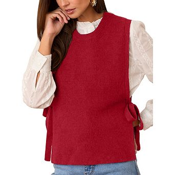Women's Tie Side Sweater Vest Tops Split Hem Knitted Sleeveless Crew Neck Tank