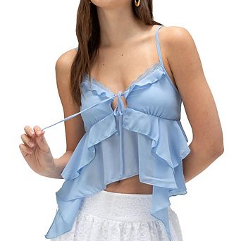 Women's Casual Y2K Tank Top Ruffled Camisole V-neck Backless Vet Tie up Irregular Top