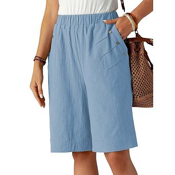 Women's Casual Wide Leg Shorts High Waisted Linen Pleated Capri Shorts with Elastic Waistband