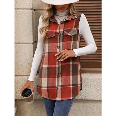 Women's Flannel Plaid Vest Button Down Sleeveless Shacket Shirt Jacket