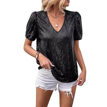 Women's Sequin Tops Short Sleeve Shimmer Glitter Top V Neck Sparkly Blouse Club Party Shirt