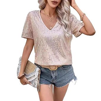 Women's Sequin Tops Short Sleeve Shimmer Glitter Top V Neck Sparkly Blouse Club Party Shirt