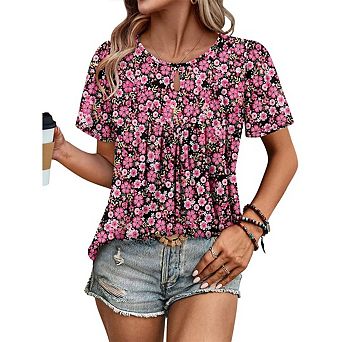 Women's Casual Floral Print T-Shirt Ruffled Print Crew Neck Short Sleeve Gathered Loose Shirt