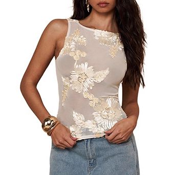 Women's Sleeveless Lace Mesh Top Fitted Floral Pattern Top Sheer Cropped Vest.