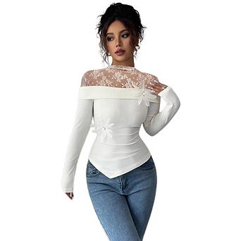 Women's Lace Off Shoulder Top Stand Collar Patchwork Base Layer Top Long Sleeve Irregular Corsage