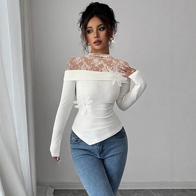 Women's Lace Off Shoulder Top Stand Collar Patchwork Base Layer Top Long Sleeve Irregular Corsage