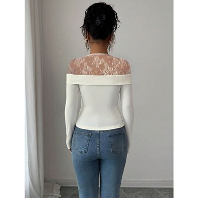 Women's Lace Off Shoulder Top Stand Collar Patchwork Base Layer Top Long Sleeve Irregular Corsage