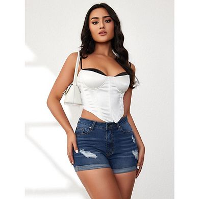 Women's Casual Ripped Denim Shorts Stretch Distressed Shorts with Pockets Rolled Hem Design Shorts
