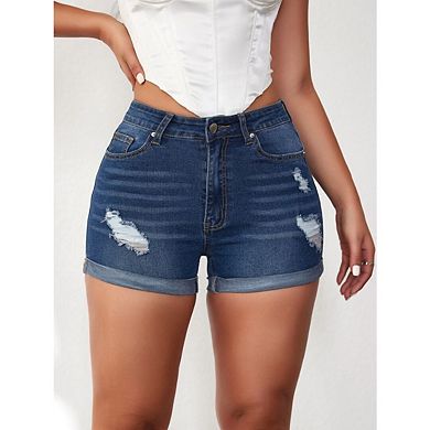 Women's Casual Ripped Denim Shorts Stretch Distressed Shorts with Pockets Rolled Hem Design Shorts