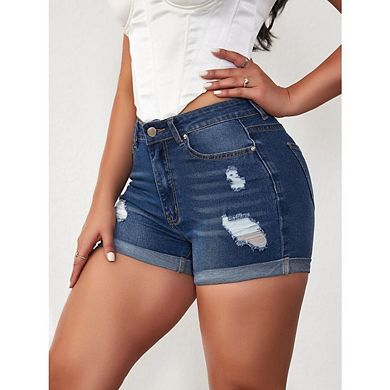 Women's Casual Ripped Denim Shorts Stretch Distressed Shorts with Pockets Rolled Hem Design Shorts