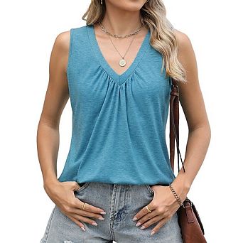 Women's Tank Top Loose Fit Sleeveless Shirts V Neck Summer Clothes Ruched Tees and Tanks Curved Hem