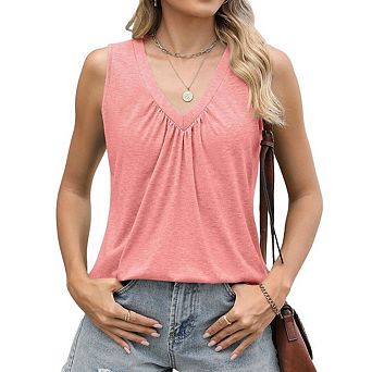 Women's Tank Top Loose Fit Sleeveless Shirts V Neck Summer Clothes Ruched Tees and Tanks Curved Hem