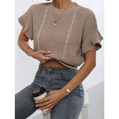 Women's Ruffled Sleeve Crewneck Knit Shirt Top Short Sleeve Solid Loose Pullover Sweater