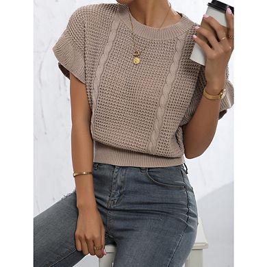 Women's Ruffled Sleeve Crewneck Knit Shirt Top Short Sleeve Solid Loose Pullover Sweater