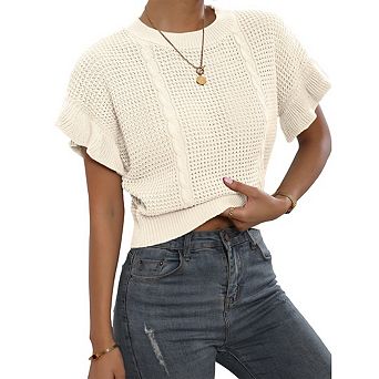 Women's Ruffled Sleeve Crewneck Knit Shirt Top Short Sleeve Solid Loose Pullover Sweater