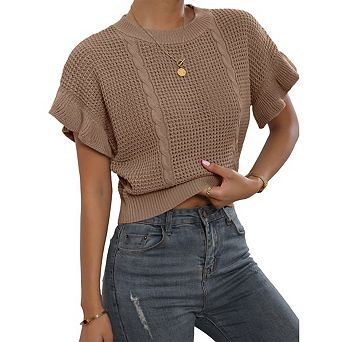 Women's Ruffled Sleeve Crewneck Knit Shirt Top Short Sleeve Solid Loose Pullover Sweater