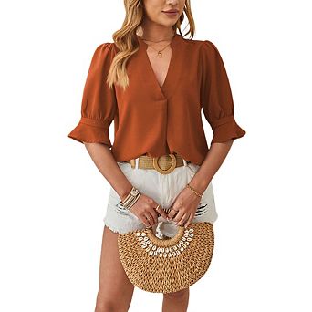 Women's Casual V-neck Shirt Puff Sleeve Loose Blouses Lightweight and Soft Business Tops