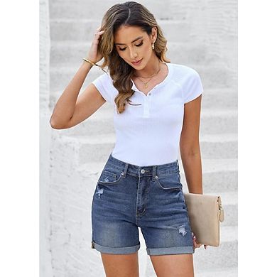 Women's Casual Ripped Denim Shorts High Waisted Shorts with Pockets Stylish Distressed Cut