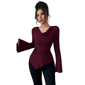 Women's Casual Ribbed Knit Top Off Shoulder Slim Fit Lightweight Sweater with Bell Sleeves