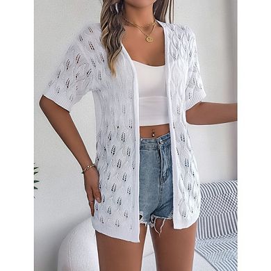 Lightweight Boho Crochet Cardigan for Women Short Sleeve Summer Kimonos Open Front Knitted Cardigans