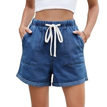 Women's Casual High Waist Drawstring Denim Shorts Rolled Hem Stretch Shorts Washed Wide Leg
