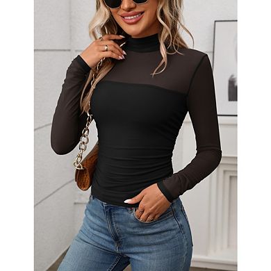 Womens Mesh Sheer Long Sleeve Top Mock Turtle Neck See Though Shirts Ruched Casual Going Out Blouses