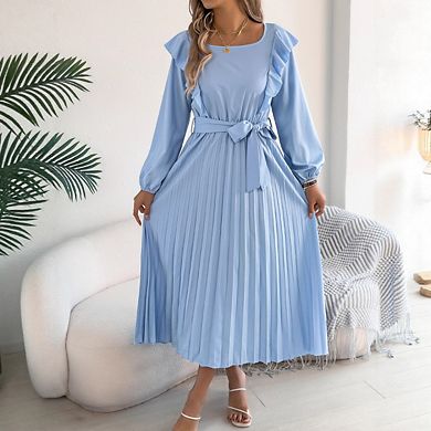 Women's Long Sleeve Pleated Casual Semi Formal A Line Flowy Midi Dresses with Belt