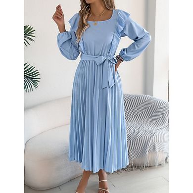 Women's Long Sleeve Pleated Casual Semi Formal A Line Flowy Midi Dresses with Belt