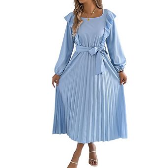 Women's Long Sleeve Pleated Casual Semi Formal A Line Flowy Midi Dresses with Belt