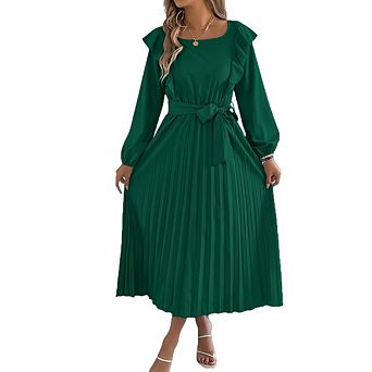 Women's Long Sleeve Pleated Casual Semi Formal A Line Flowy Midi Dresses with Belt