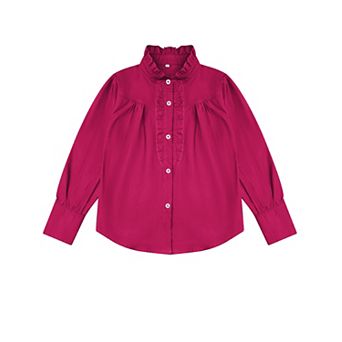 Girls Long Sleeve Blouse Button Down Shirts Ruffle Design Tops Premium Cotton Fall Summer Outfit