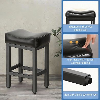 Two heavy metal base bar stools; dining chairs. Equipped with thick saddle-shaped seats.