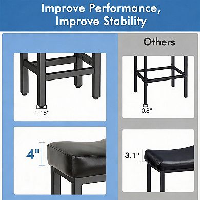 Two heavy metal base bar stools; dining chairs. Equipped with thick saddle-shaped seats.