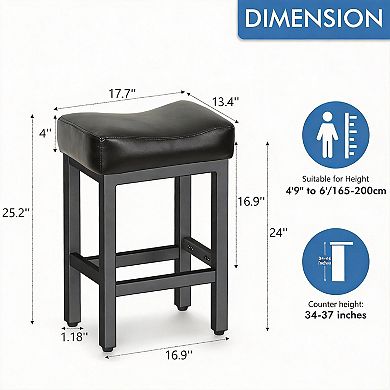 Two heavy metal base bar stools; dining chairs. Equipped with thick saddle-shaped seats.