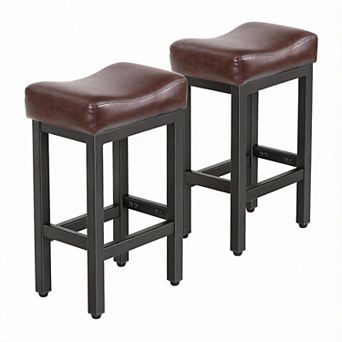 Two heavy metal base bar stools; dining chairs. Equipped with thick saddle-shaped seats.