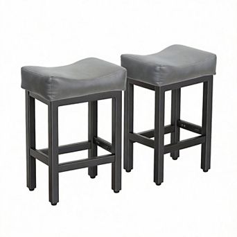 Two heavy metal base bar stools; dining chairs. Equipped with thick saddle-shaped seats.