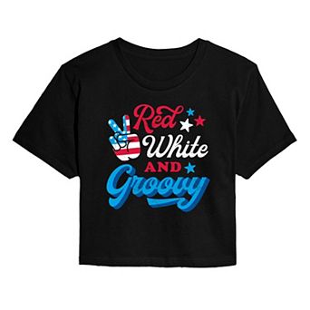 Juniors' Red White And Groovy Cropped Tee