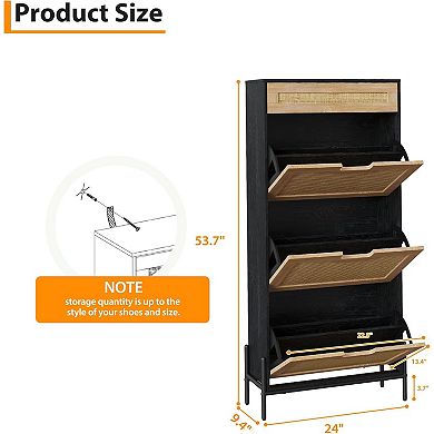 Garvee Rattan Shoe Cabinet 3 Flip Doors 1 Drawer Narrow Shoe Rack Entryway Organizer