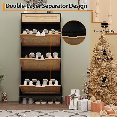 Garvee Rattan Shoe Cabinet 3 Flip Doors 1 Drawer Narrow Shoe Rack Entryway Organizer