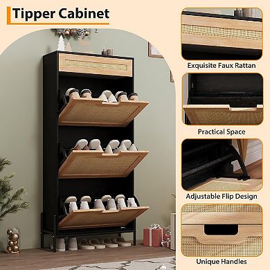 Garvee Rattan Shoe Cabinet 3 Flip Doors 1 Drawer Narrow Shoe Rack Entryway Organizer