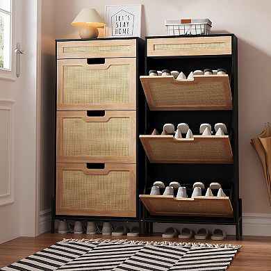 Garvee Rattan Shoe Cabinet 3 Flip Doors 1 Drawer Narrow Shoe Rack Entryway Organizer